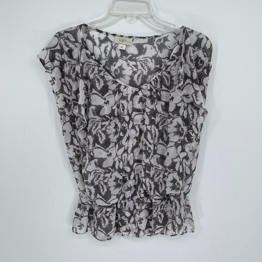 LOFT Women's Gray Floral V-Neck Chiffon Ruffle Sleeve Peplum Top Blouse Size MP